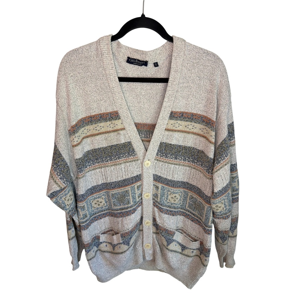 Vintage 90's Gio Ferrari Geometric Knit Tan Cardigan Sweater Made in Italy